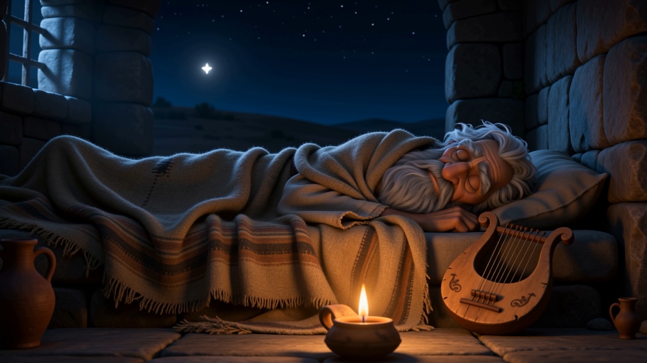 The room at night: the sleeping king, his harp, one star in the window