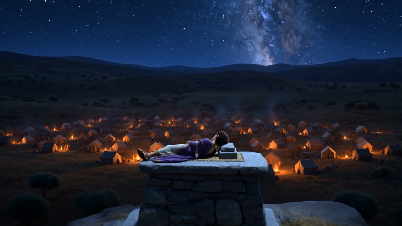 His camp's fires spread far below the stone platform