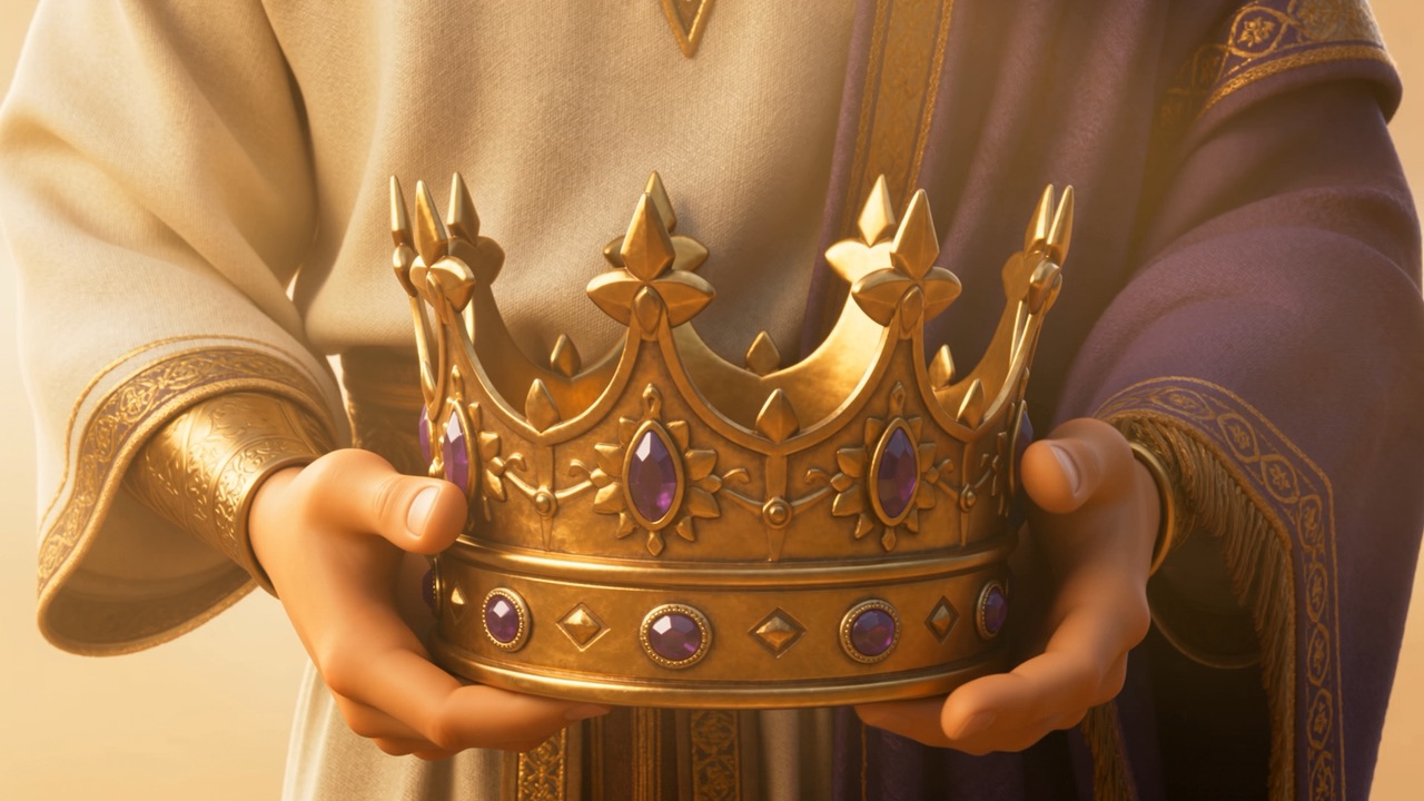 Two hands hold out a crown to him
