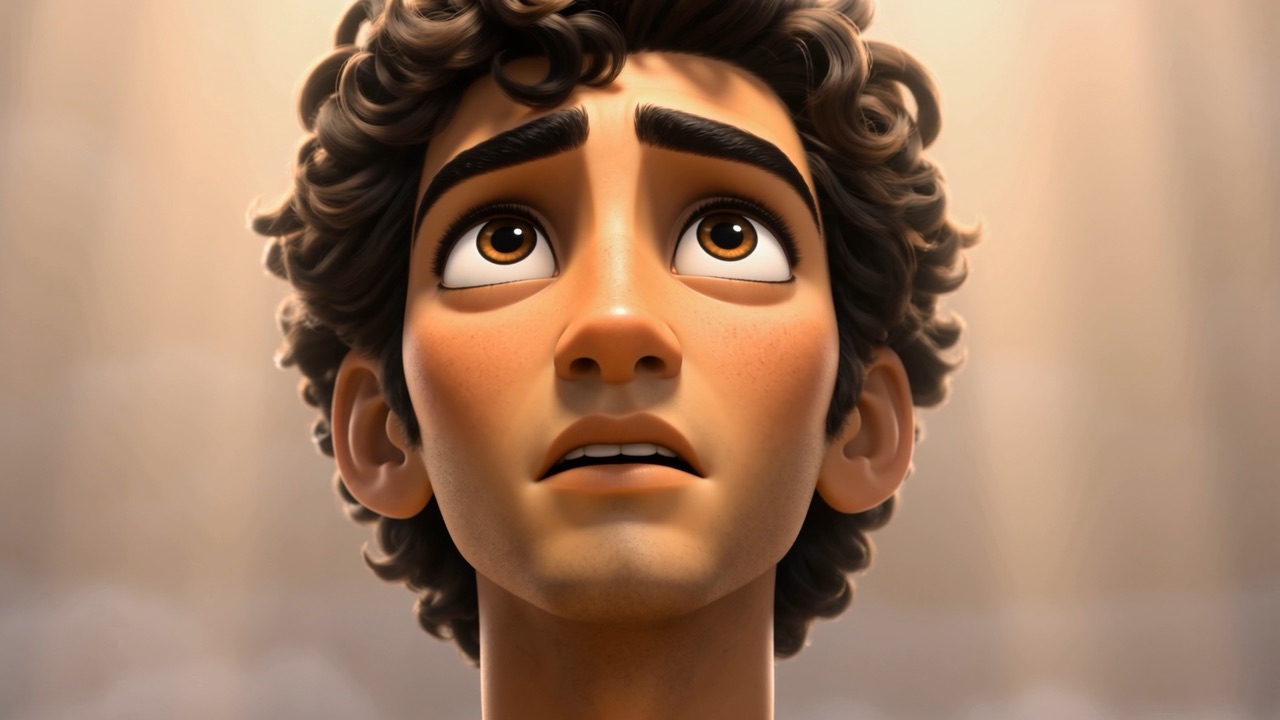 His upturned face in the gold