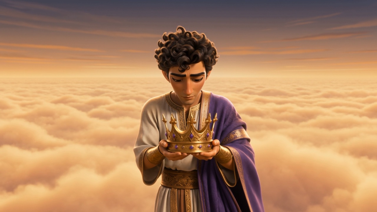 Above an ocean of cloud, he holds the crown in both hands