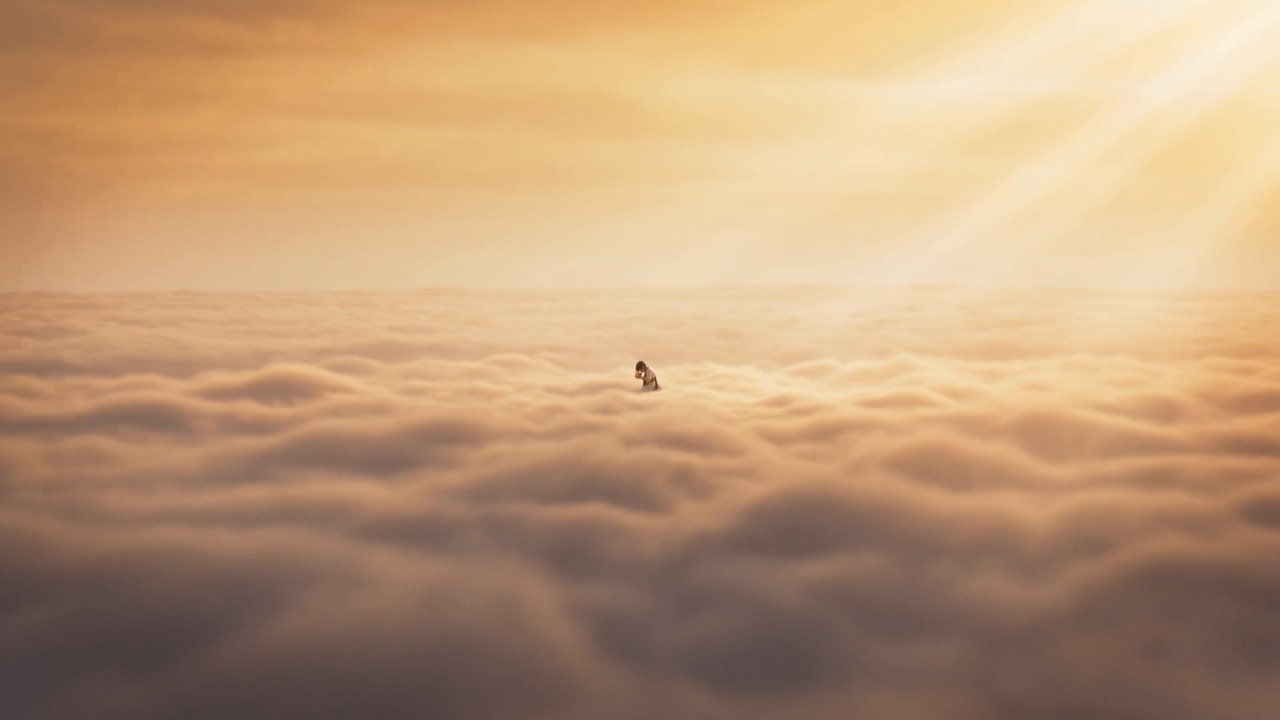 One small figure kneeling in an endless sea of light