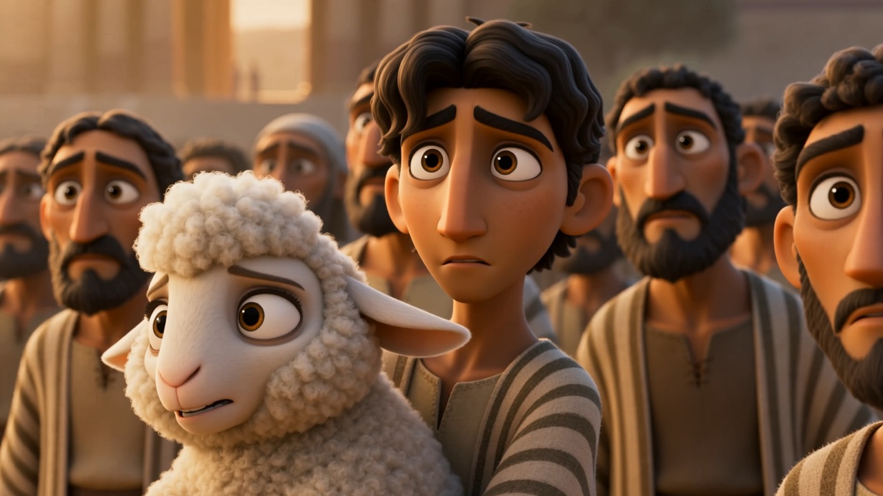 A young man waits his turn with a lamb in his arms