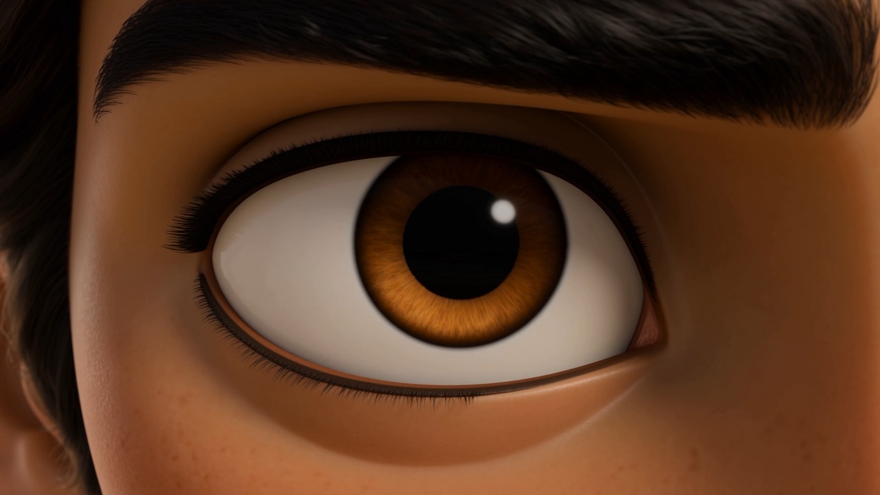 Close on the king's eye — both men reflected in it