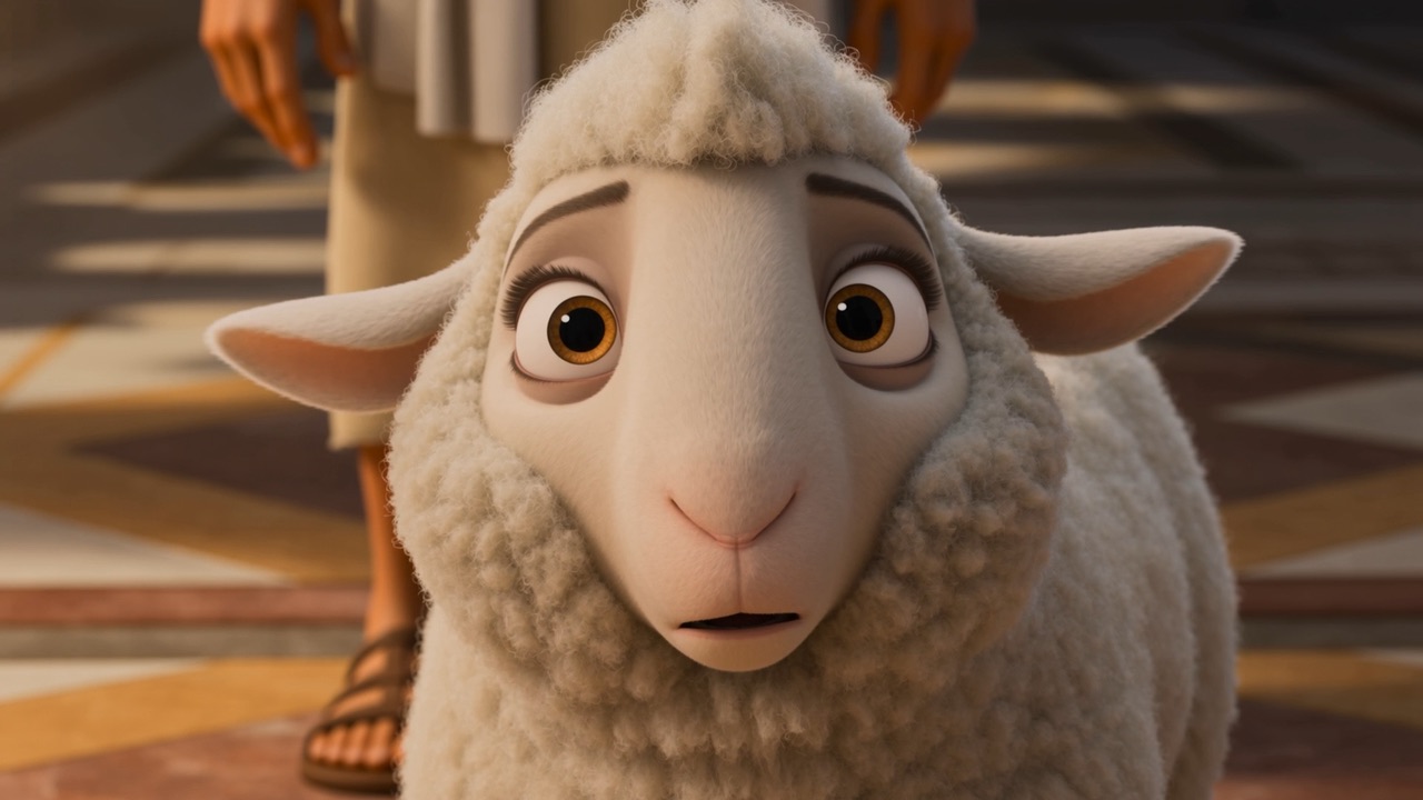 A lamb stands in the middle of the great hall, looking around
