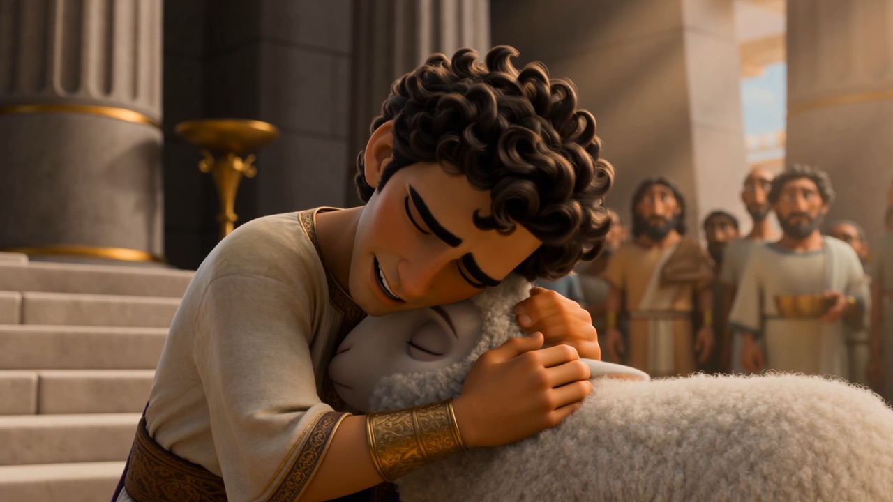 Solomon gathers the lamb up in his arms