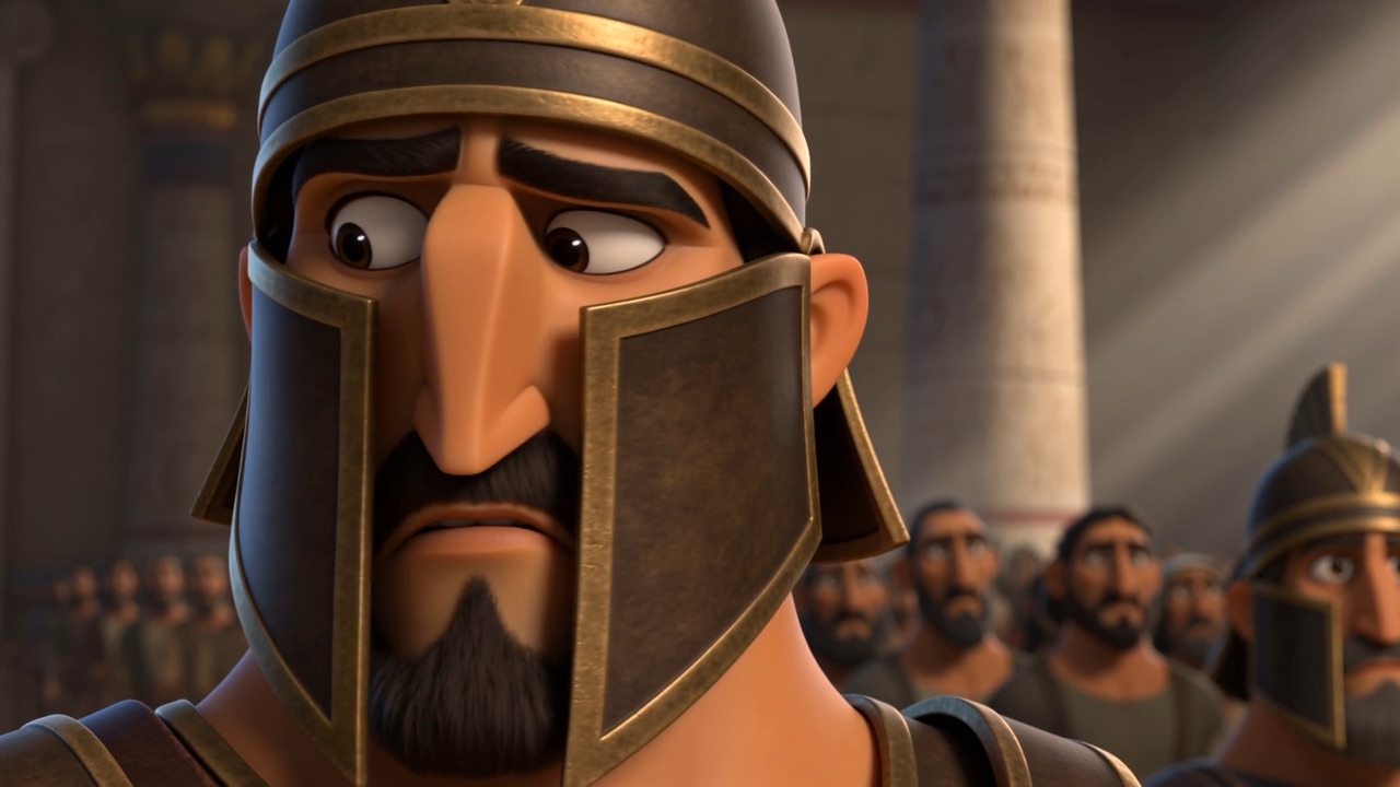 The guard's eyes go wide inside his helmet