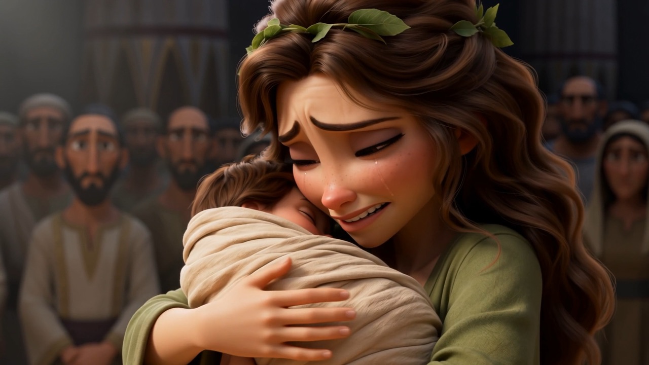 The true mother sobs with the baby pressed to her