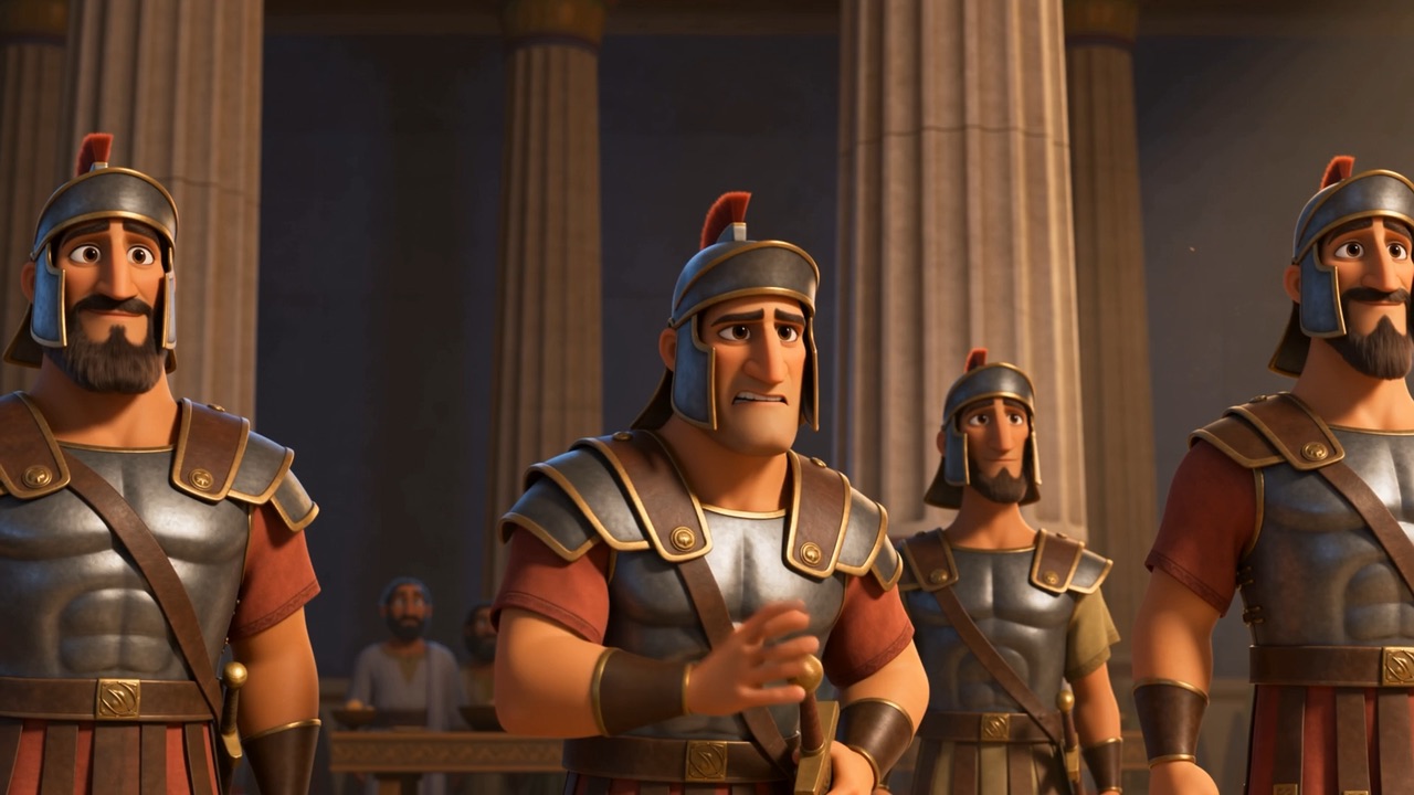 Two guards exchange a look, sword still hanging in the air