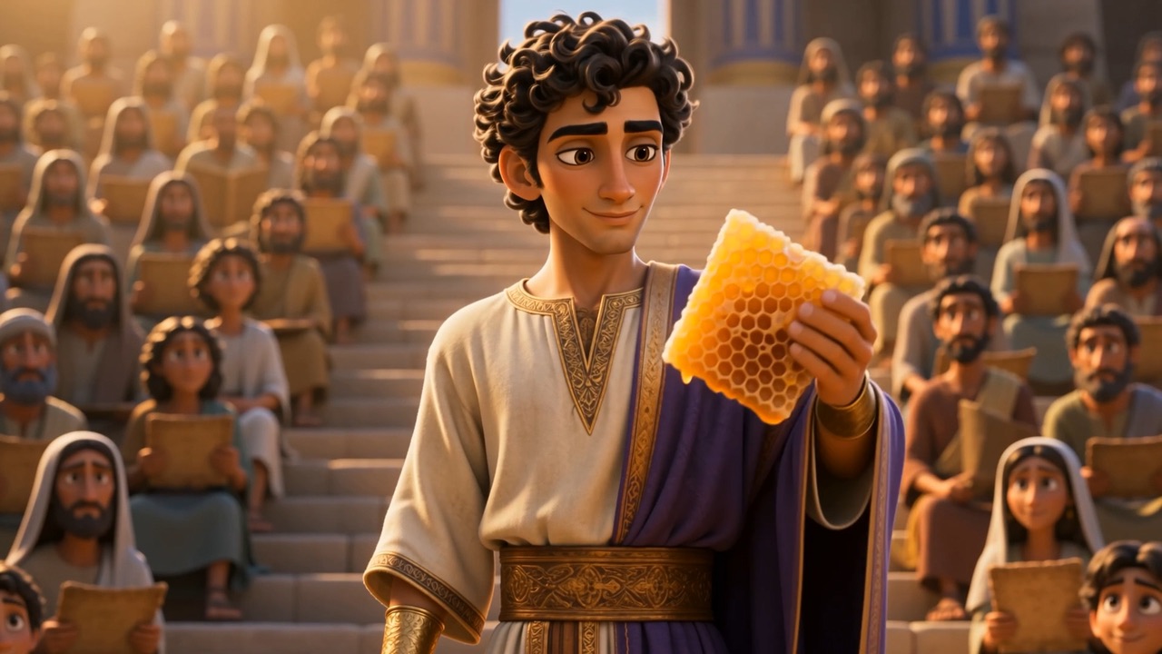 Solomon holds up a dripping honeycomb to a crowd on the temple steps
