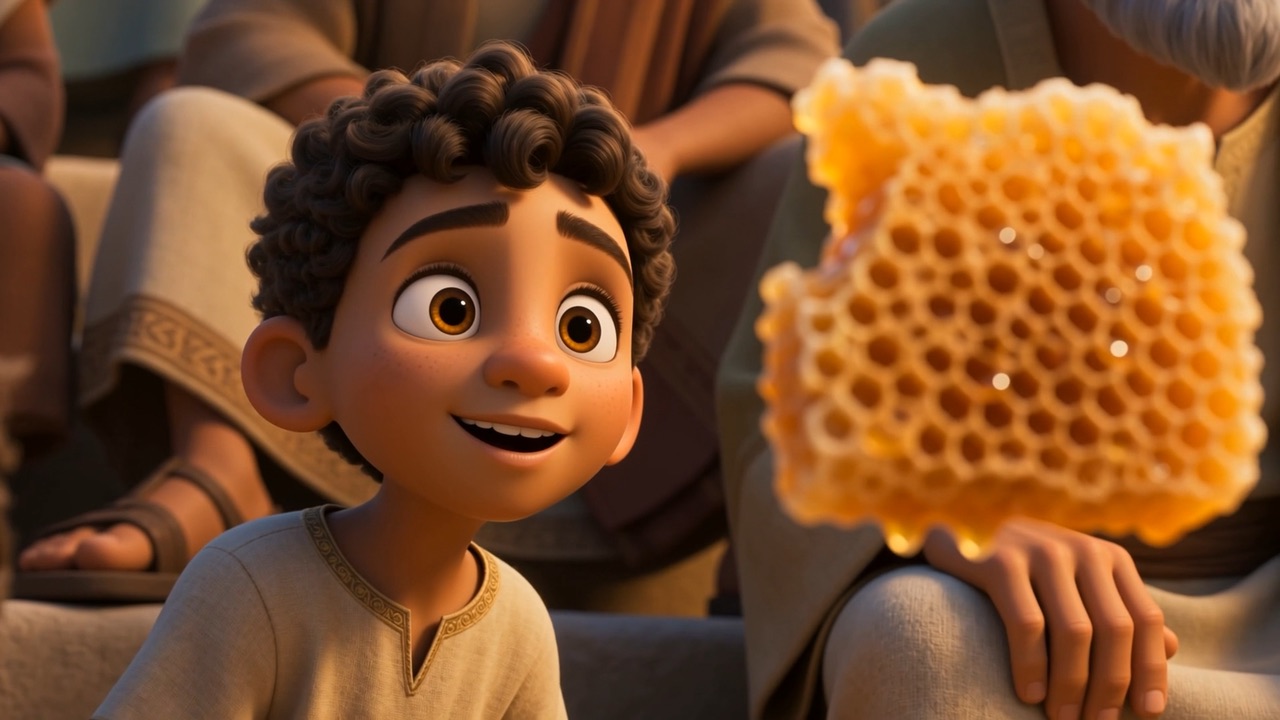 A boy in the front row grins at the honeycomb