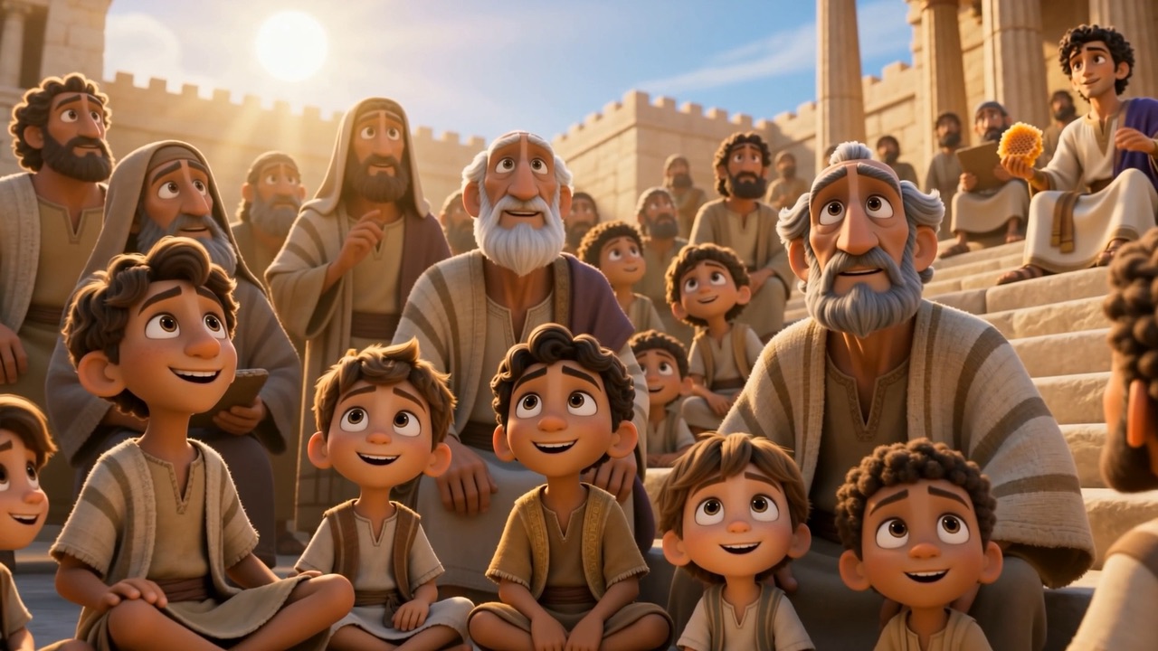 Children sit in rows, faces turned up, listening