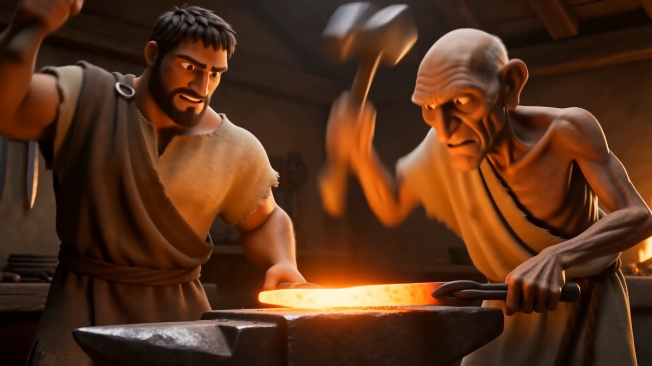 Two smiths hammer the same blade, sparks flying