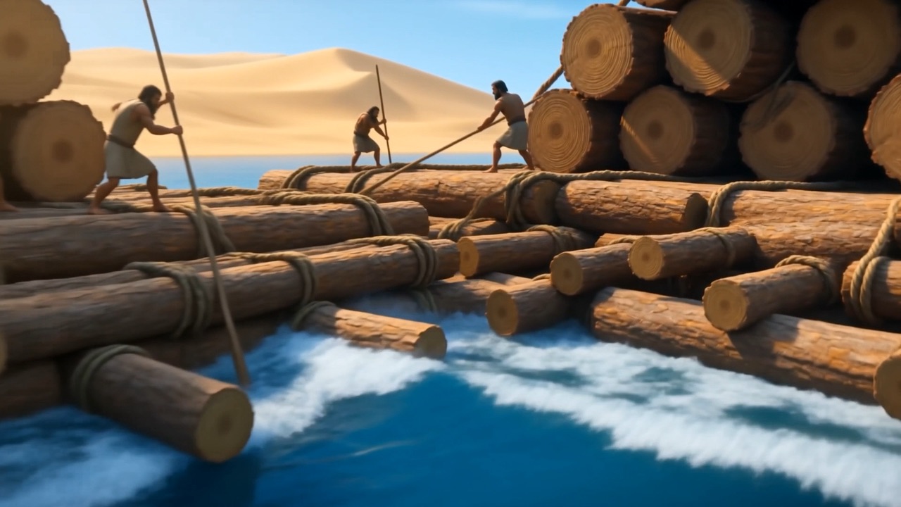 Men walk the log rafts, guiding them with poles