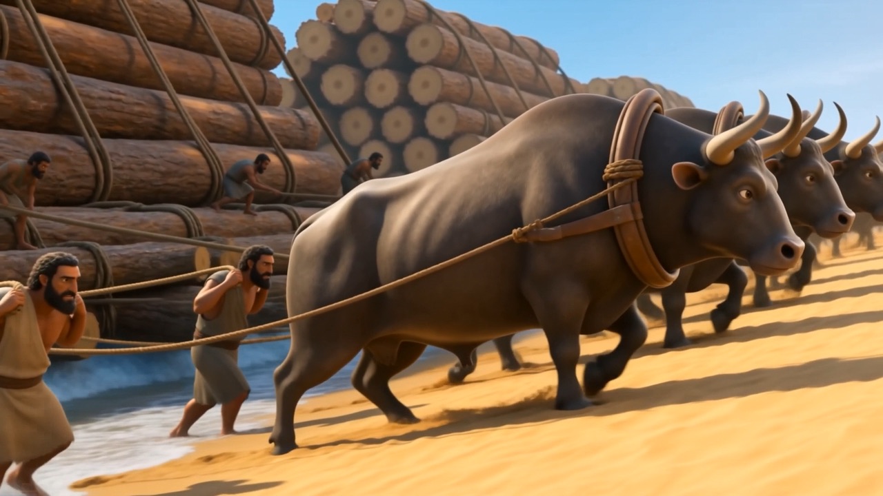 Oxen drag the cedar up the beach