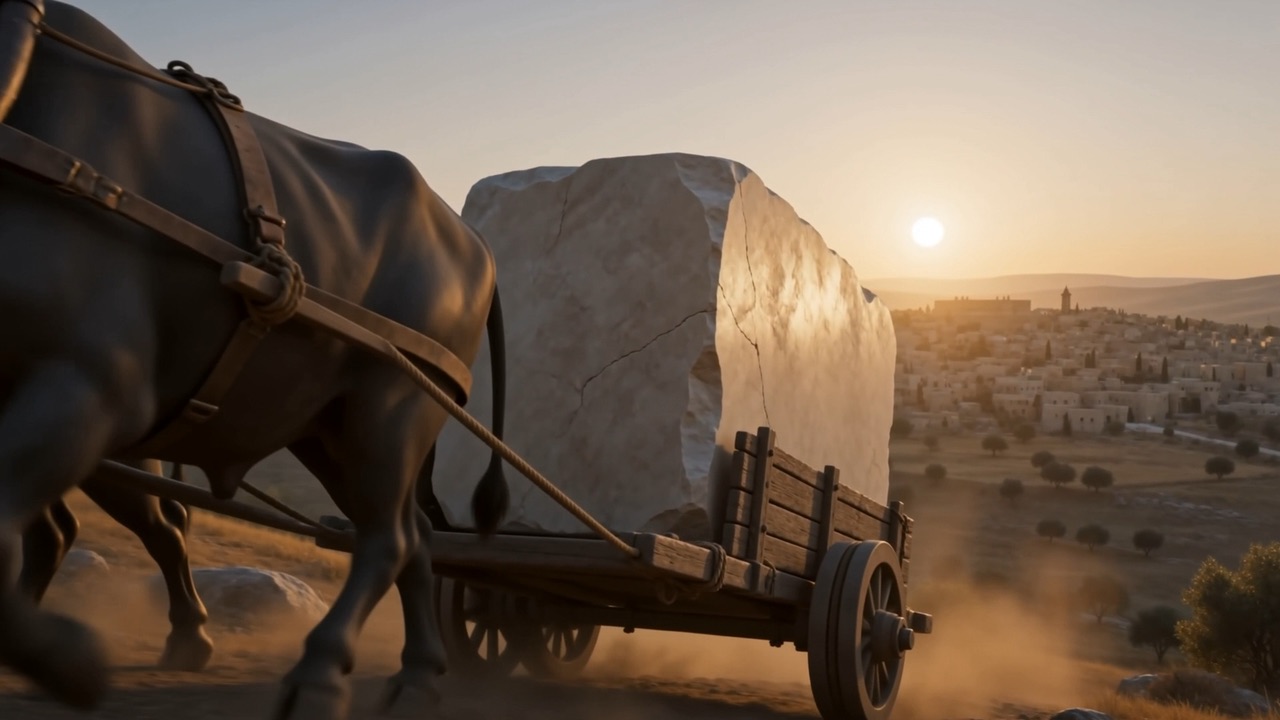 An ox-cart hauls a vast quarried block at sunrise