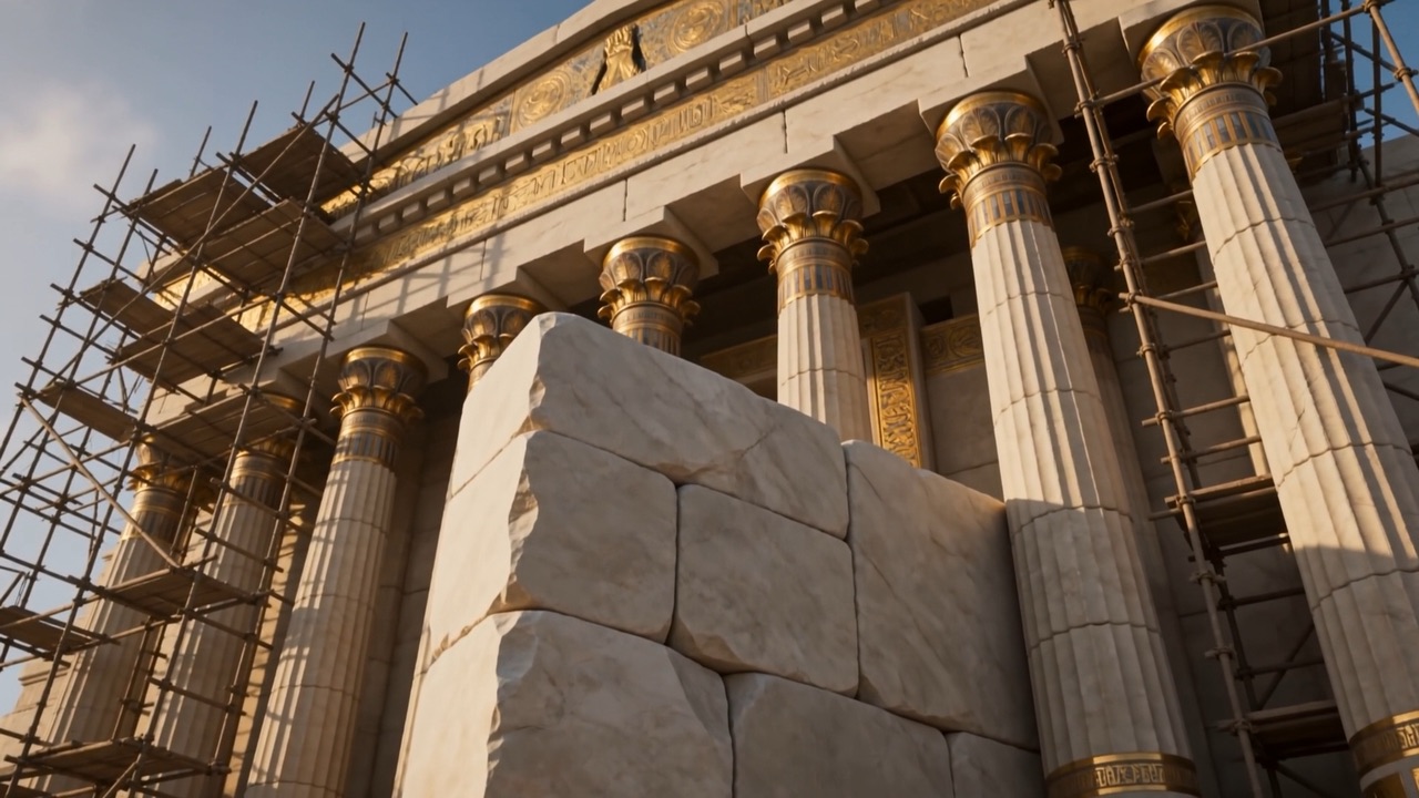 Scaffolding climbs the growing temple walls