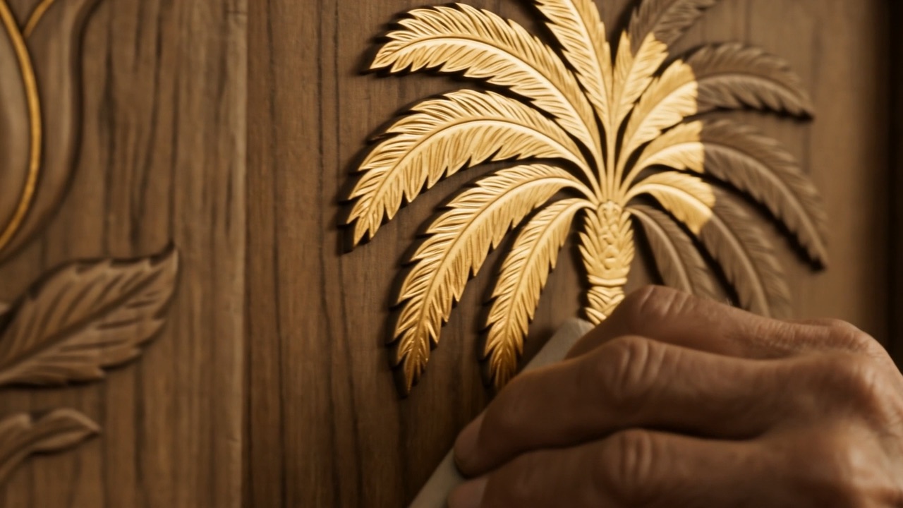 A hand polishes a golden palm carved into cedar