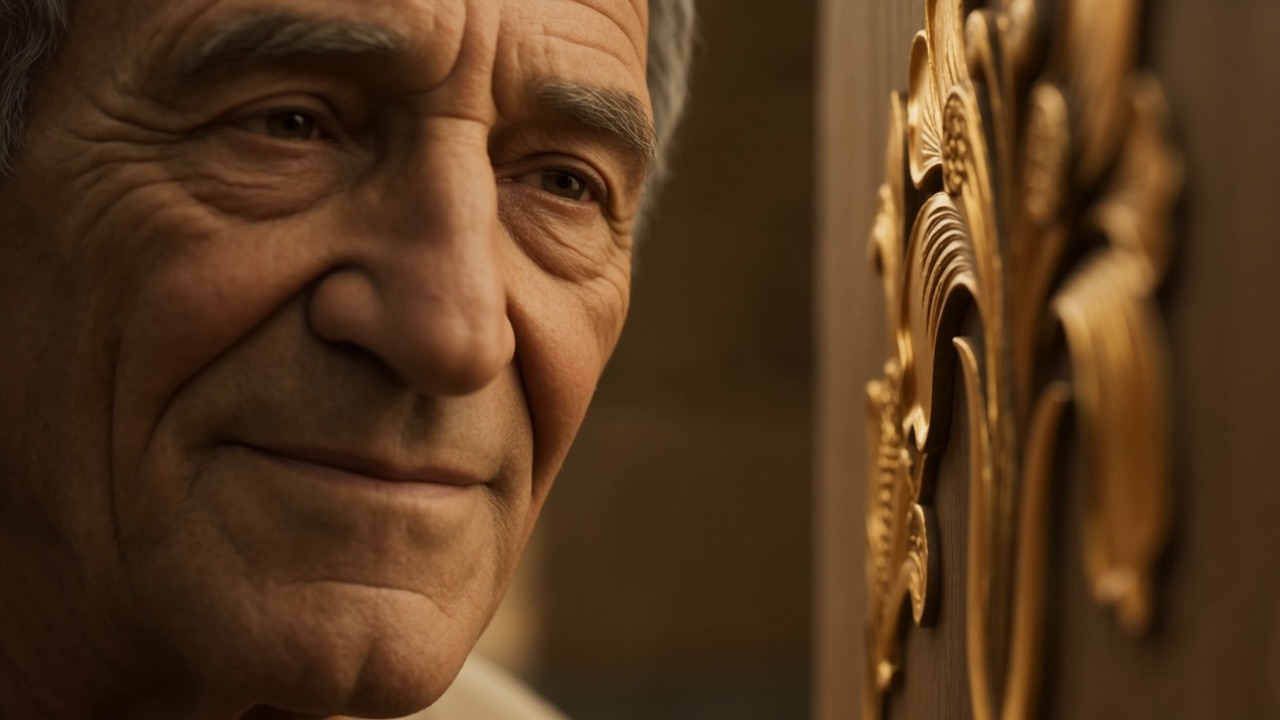 An old craftsman smiles at his finished work
