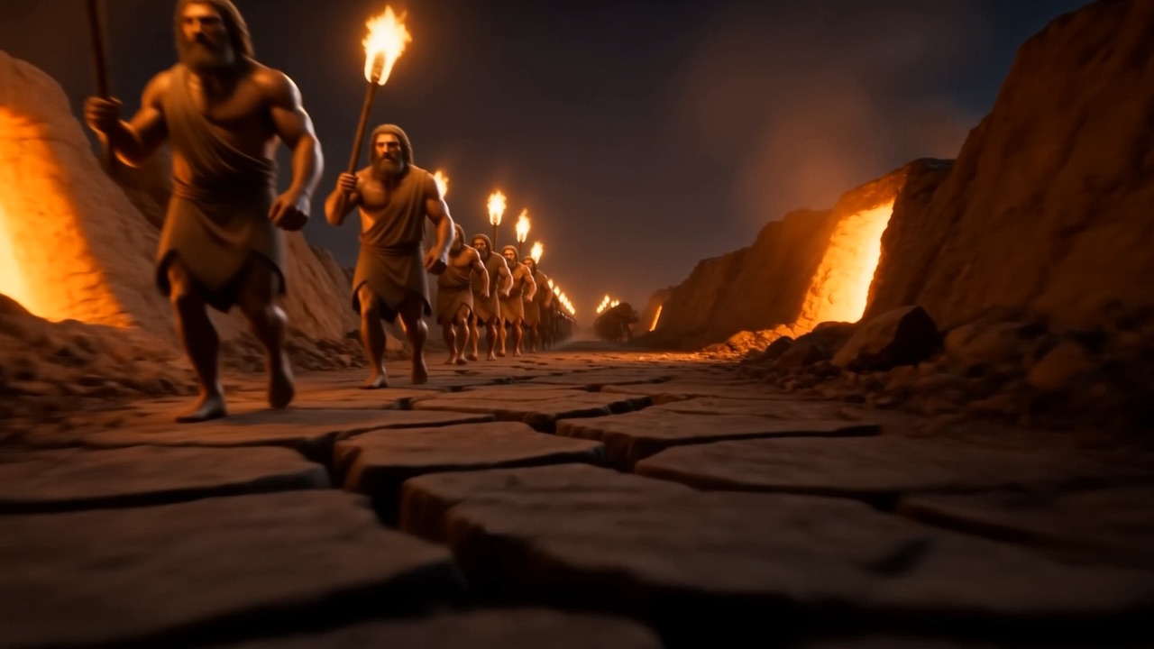 At night, molten bronze runs in rivers across the casting field