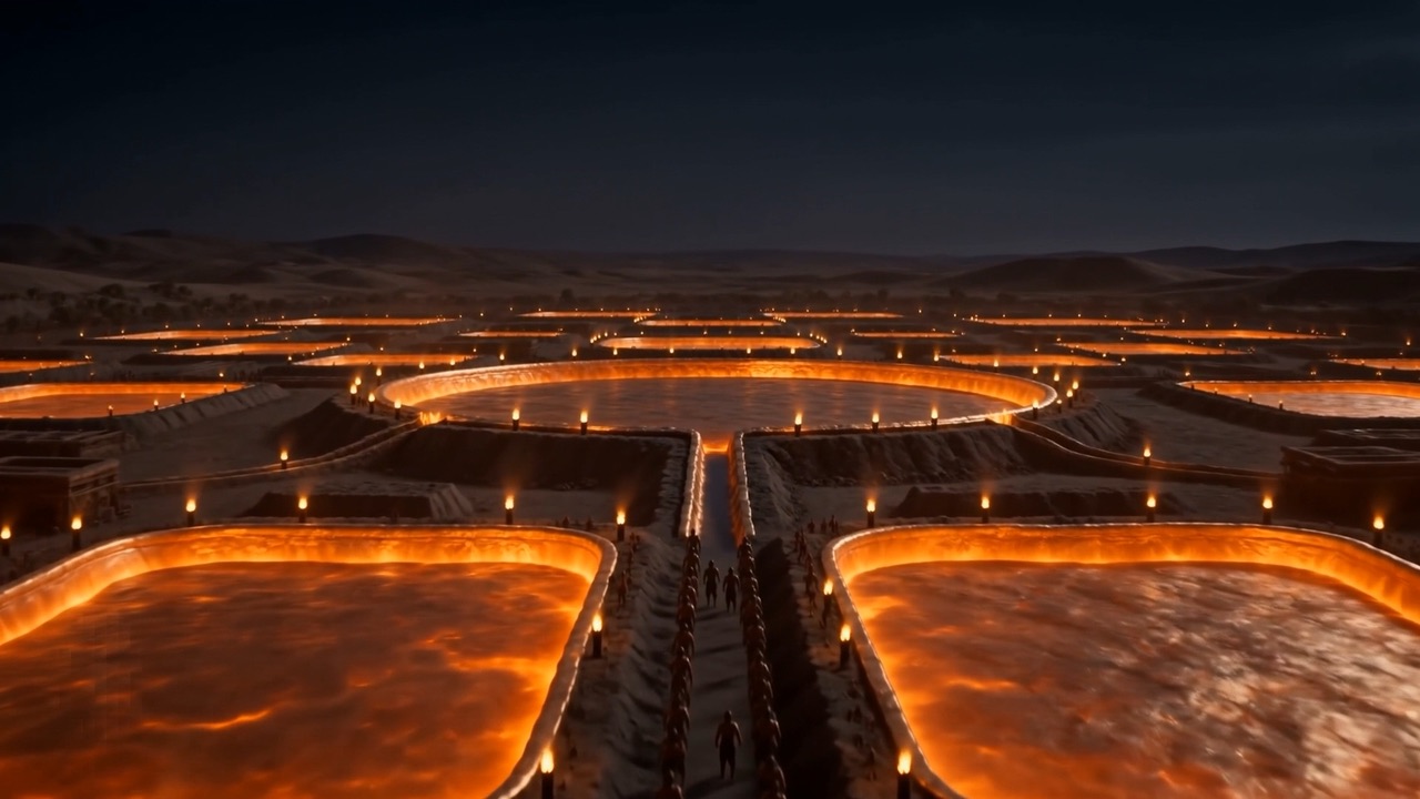From above: glowing circular moulds in the dark plain