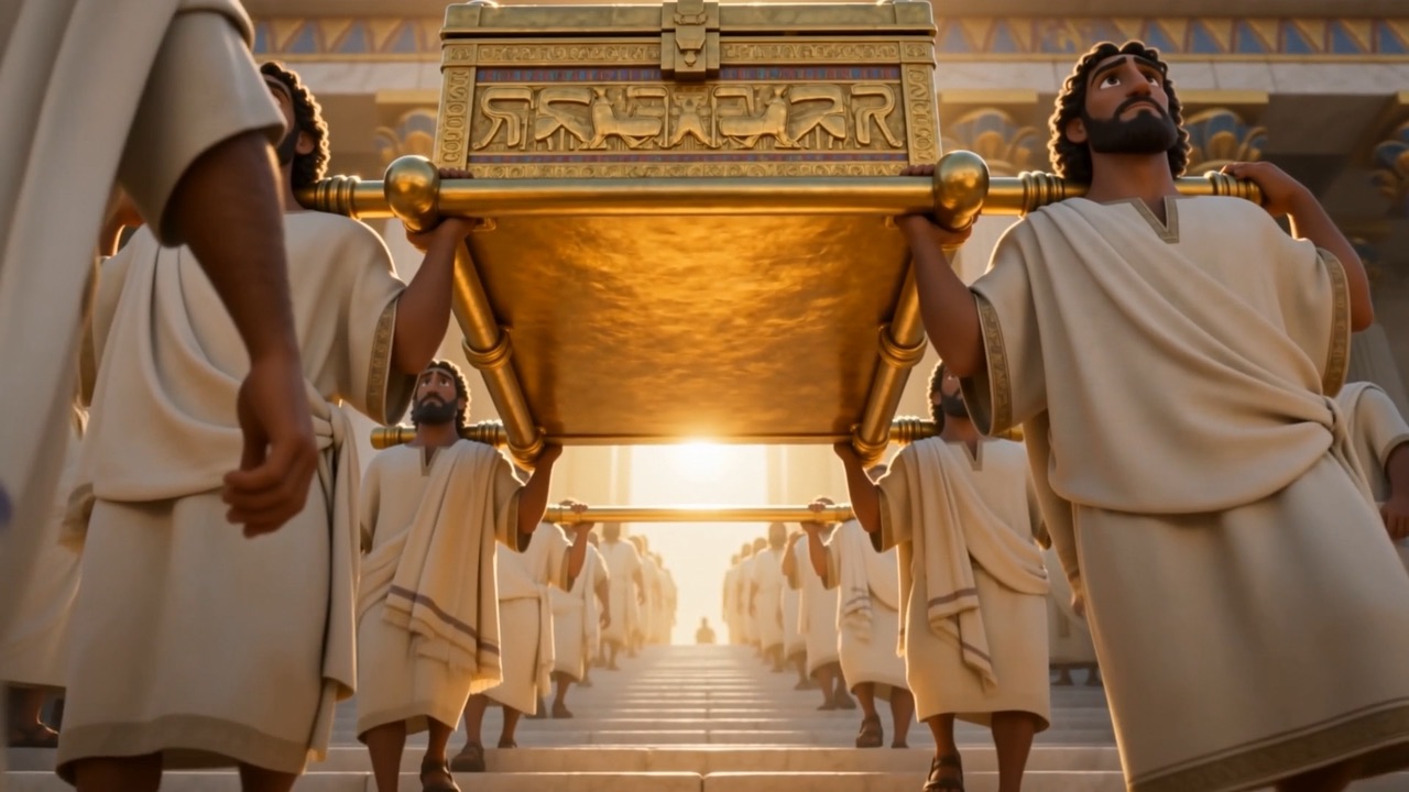 Priests carry the ark up the steps on its poles