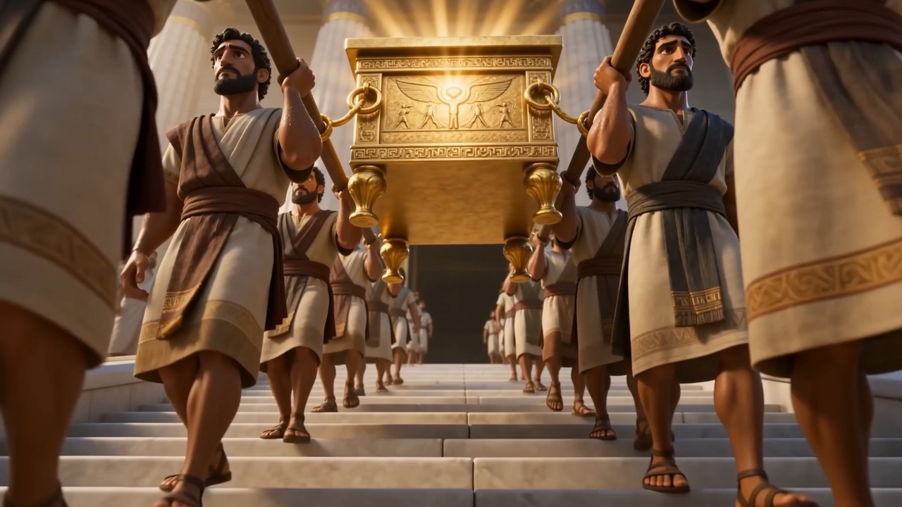 The gold ark rides above the crowd like a small sun