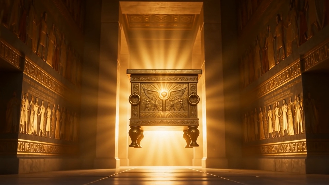 The ark set in its place, blazing in the dark sanctuary