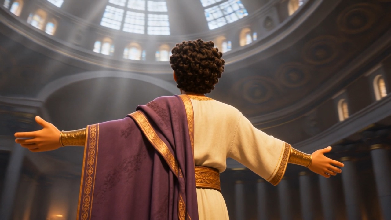 He spreads his arms under the dome's shafts of light