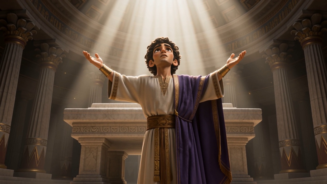 Arms wide, he prays before the whole assembly