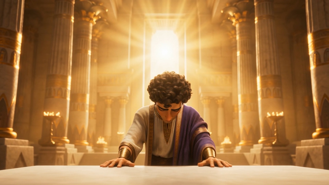 He bows low over the altar, hands flat on the stone