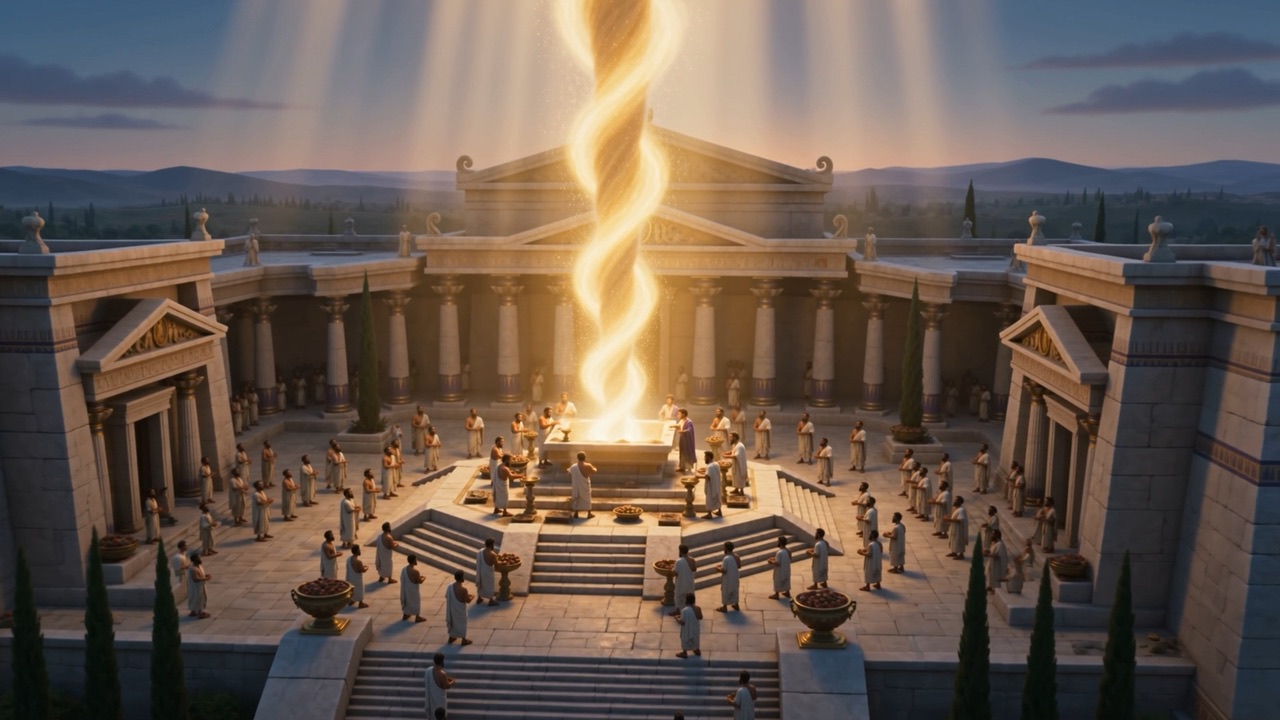 A braided column of fire twists down from the sky onto the altar