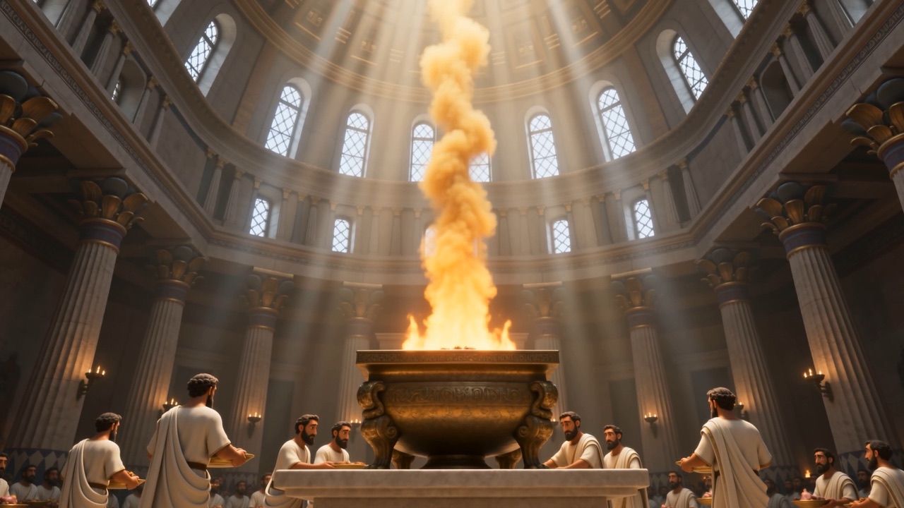 The fire-column burns above the bronze basin in the great court