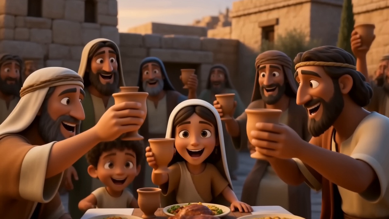 A family raises their cups together at the feast