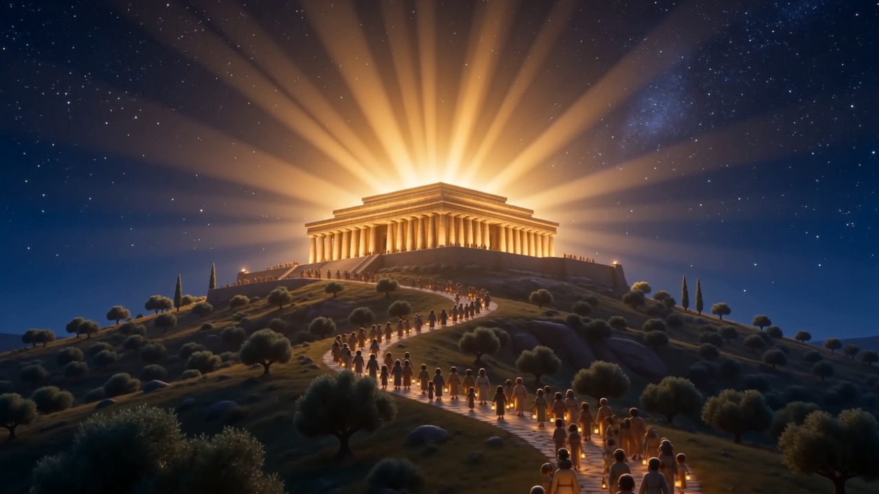 The temple blazes on the hill like a second sunrise
