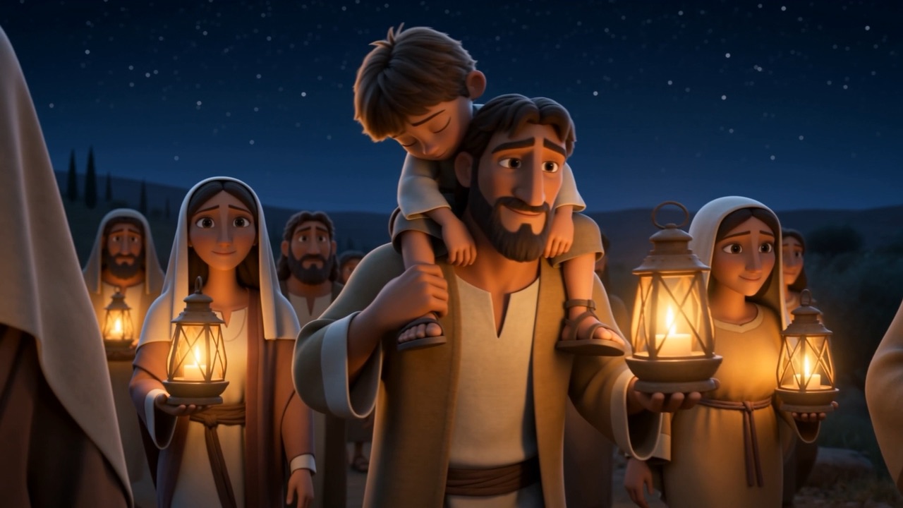 A father carries his sleeping child home under lantern light