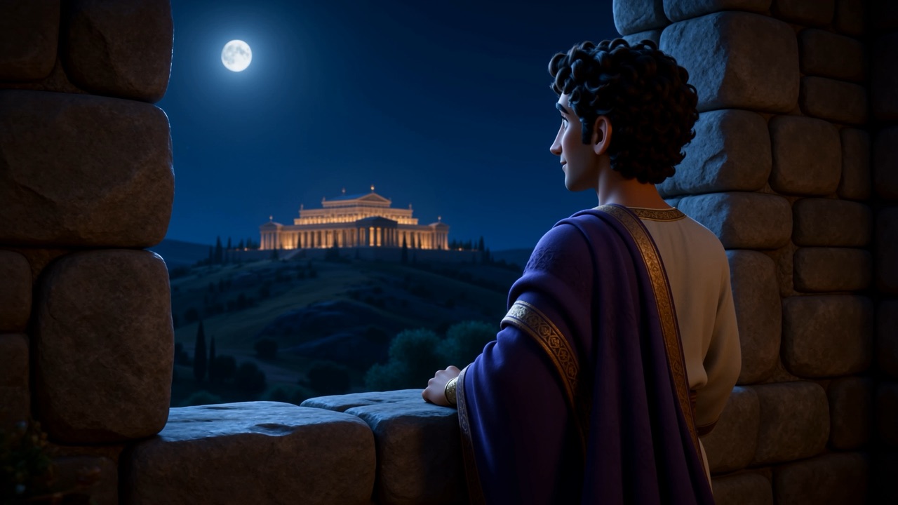 Solomon on a moonlit balcony, looking at the glowing temple