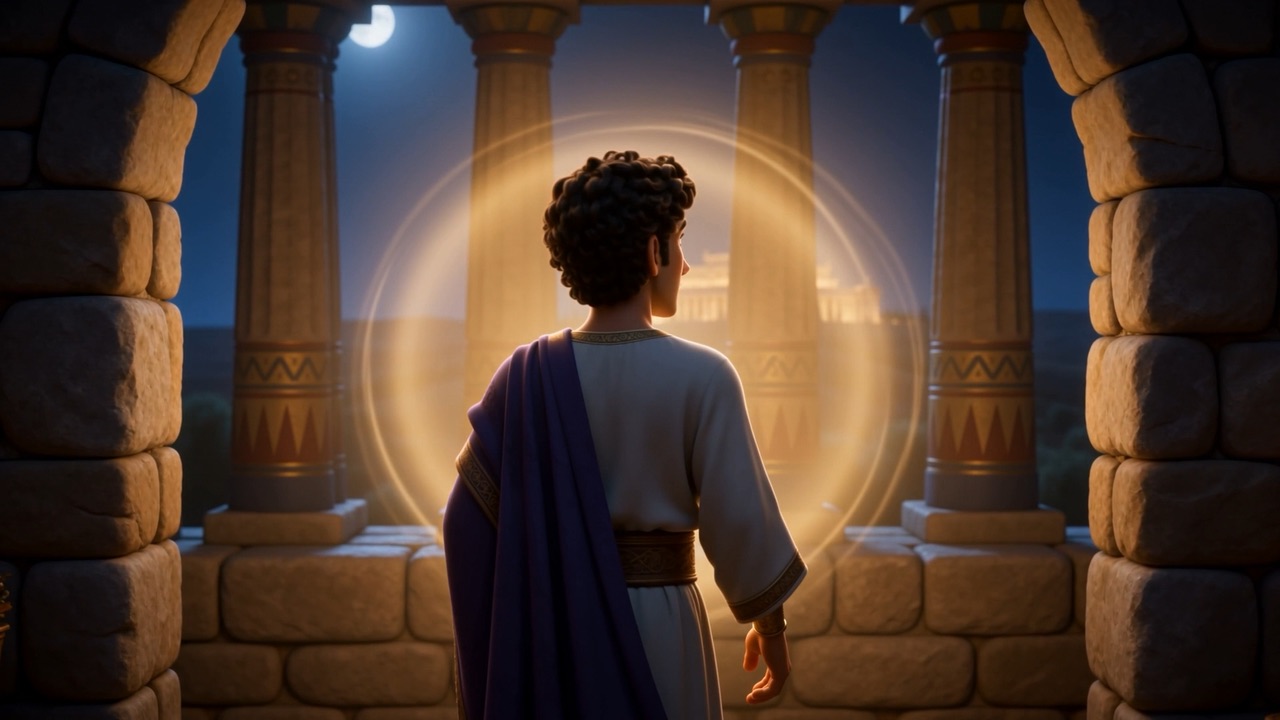 A ring of light comes down the colonnade toward him