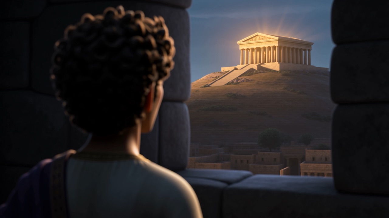 Years later: an older king at a window, the temple far off in the dark
