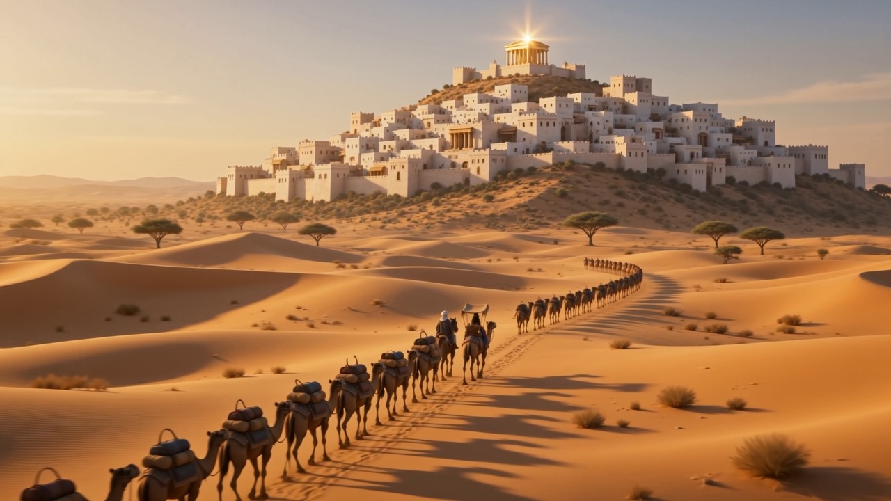 A great caravan crests the dunes toward the white hill-city