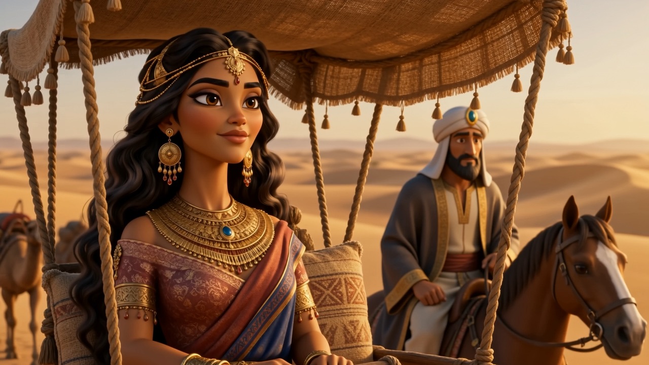 The Queen of Sheba rides in a canopied howdah, gold at her throat