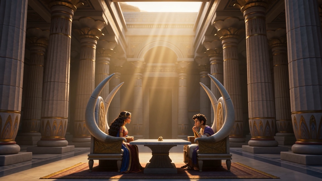 Two thrones face each other across a table in shafts of light