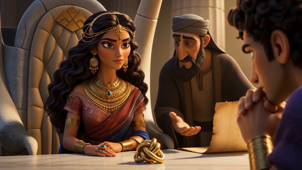 A puzzle-knot of gold is set on the table between them