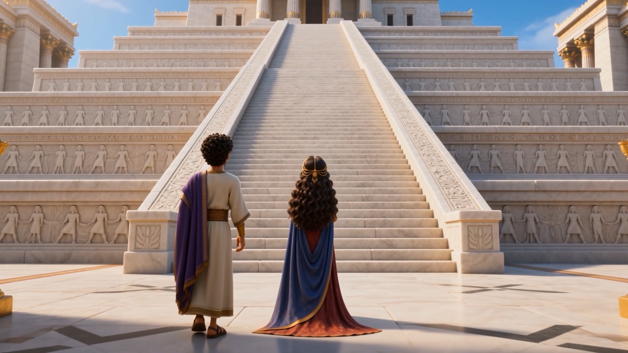 The white stairway of the temple rises above two small figures