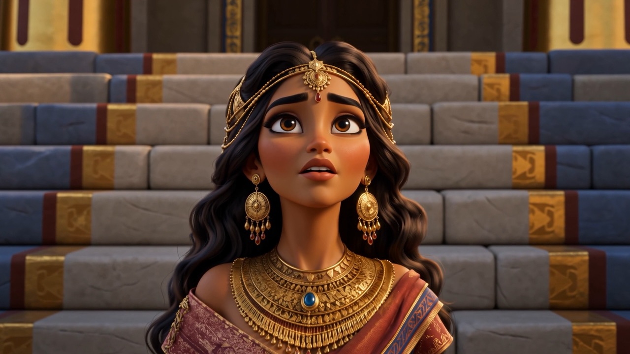 She stands small before the great facade