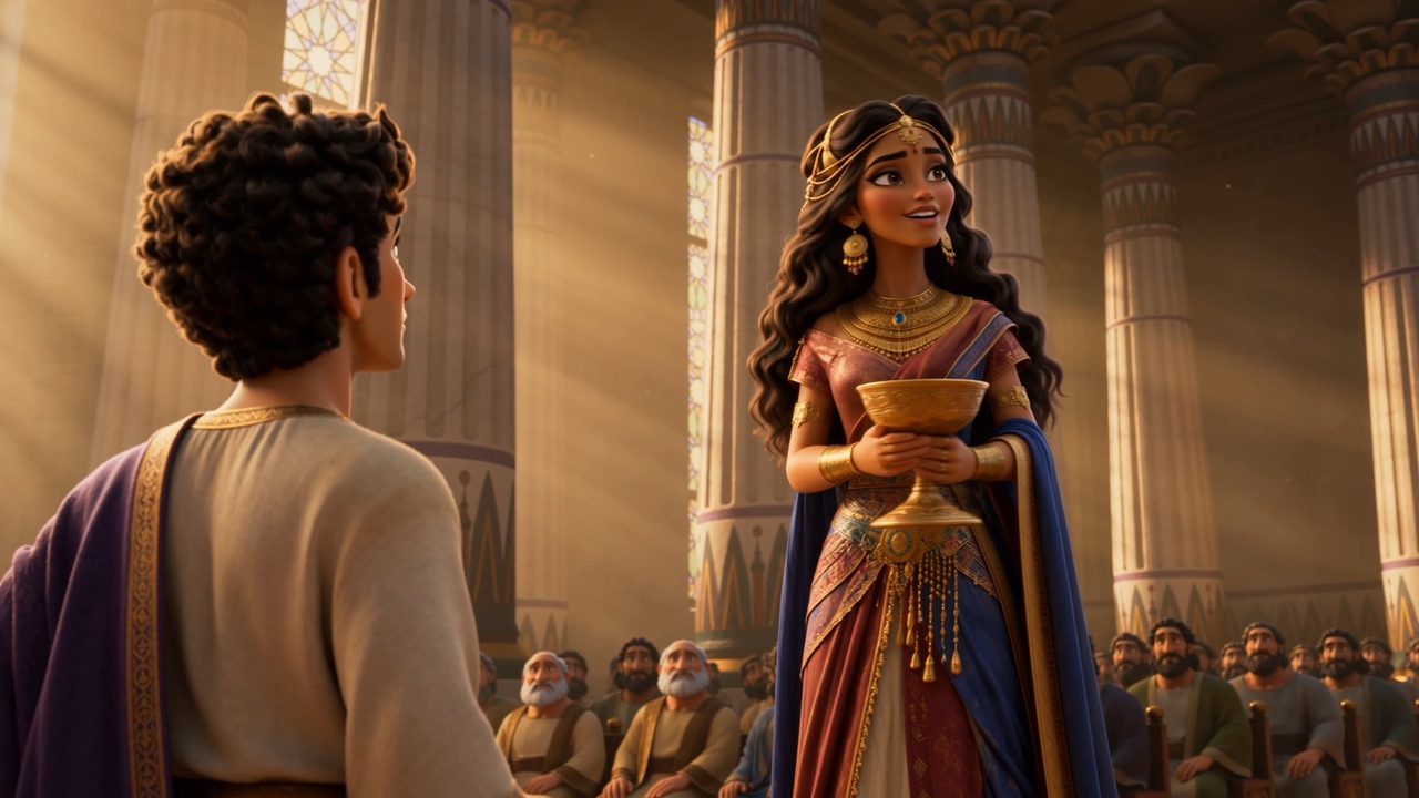At the banquet she raises a golden cup to him before the whole hall