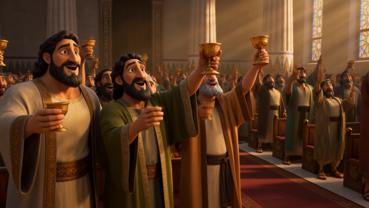 The hall lifts their cups with her