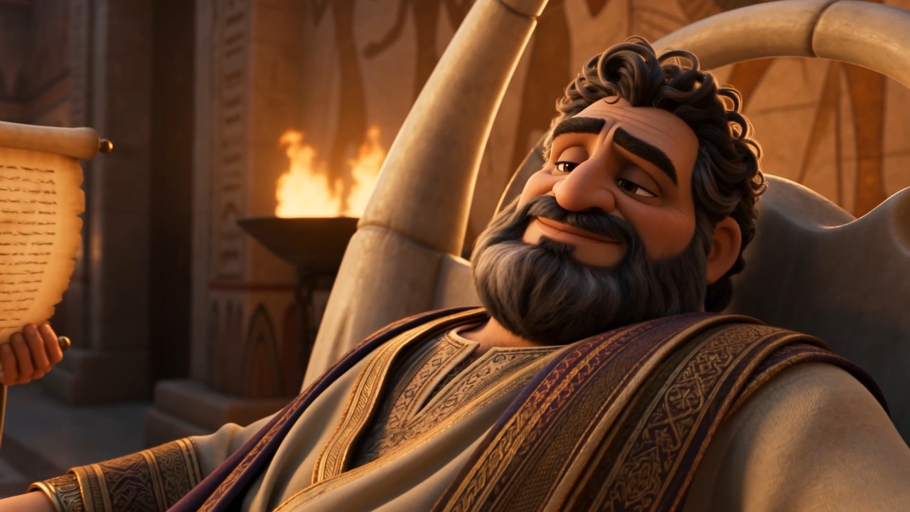 King Ahab lounges on an ivory couch in his torchlit hall