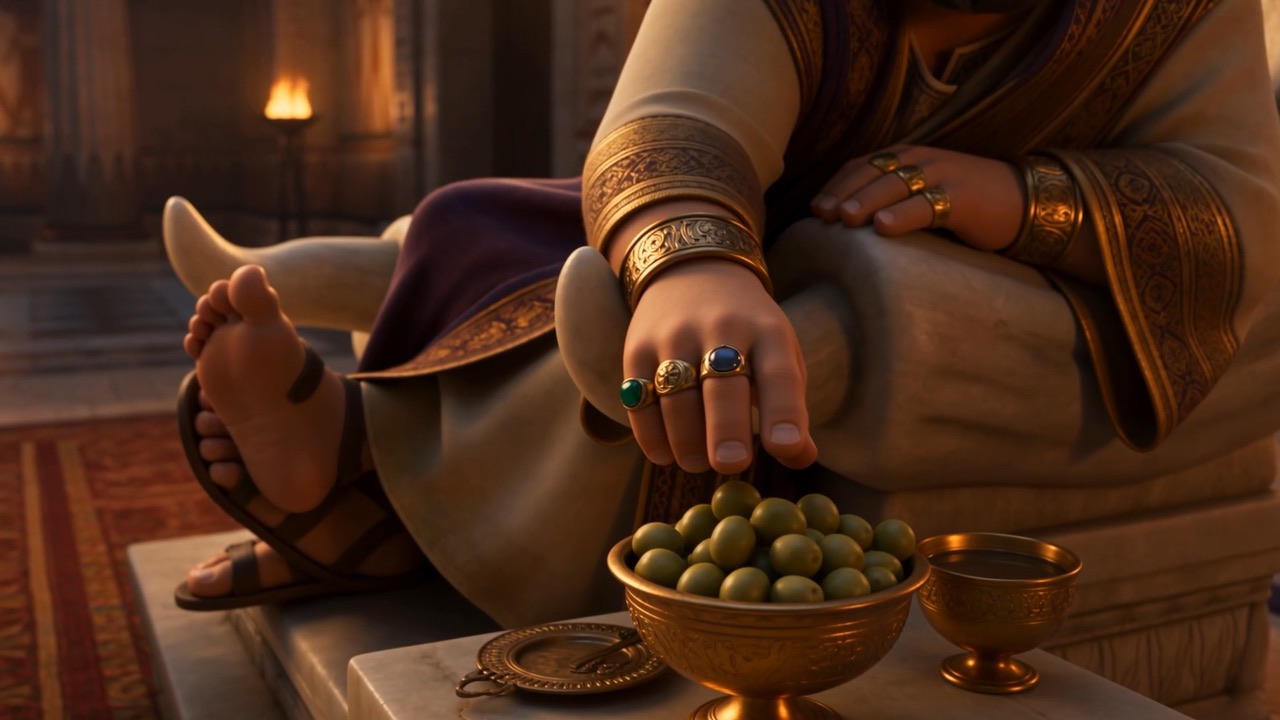 A ringed hand reaches for a bowl of olives