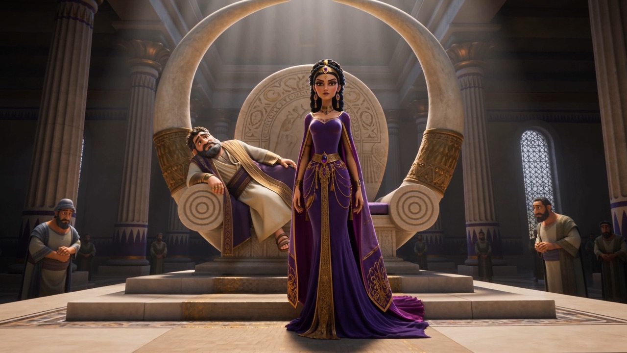 Queen Jezebel descends her throne steps beneath a crescent arch